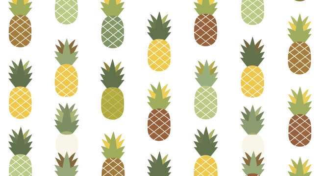 A vibrant and playful seamless pattern featuring stylized pineapples in various shades of yellow, green, and brown on a clean white background, perfect for tropical designs.