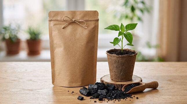 Plain biochar soil amendment pouch with seedling and porous black granules. Ideal for agritech, soil health, and eco product marketing.