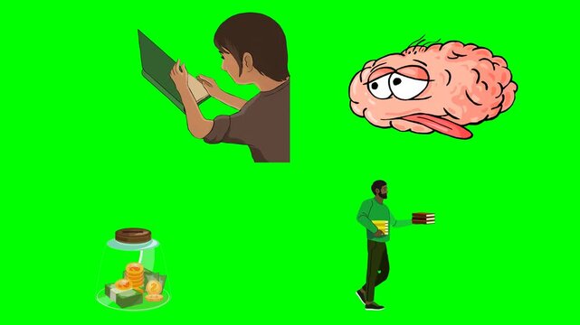Smart brain characters students reading books and hands saving revenues 2d animated cartoon on green screen chroma key background. high quality loop cycle vector illustration animation