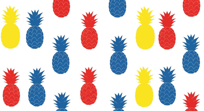 A vibrant and colorful seamless pattern featuring red, blue, and yellow pineapples scattered across a white background.