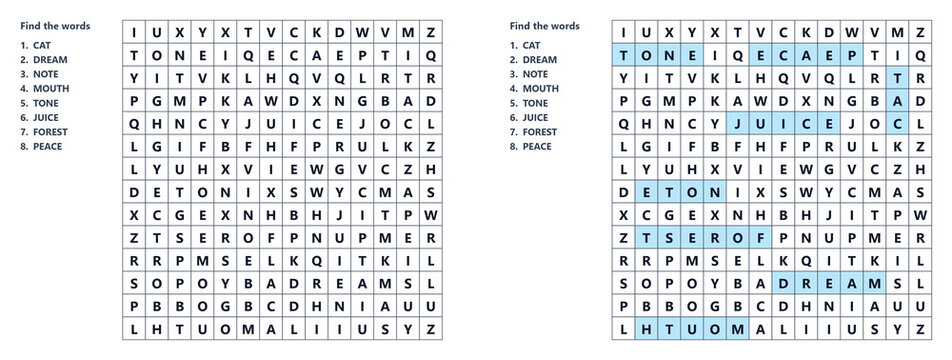 Word Search Puzzle Letter Grid Find Hidden Words Vocabulary Worksheet Black White Vector