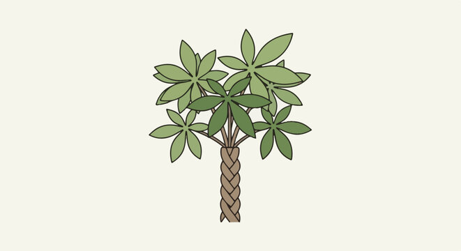 A stylized illustration of a plant with a braided trunk and green, palmate leaves