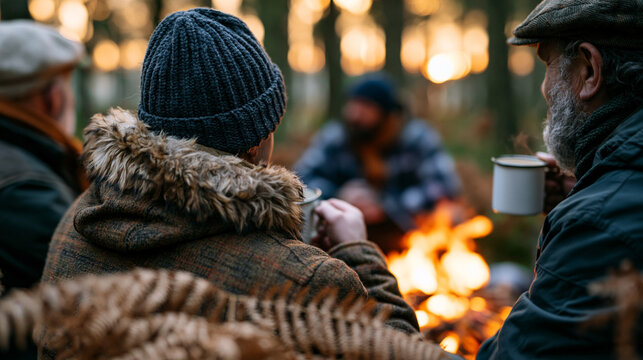 Three hunters viewed from behind sit around a bright soft campfire in a calm forest enjoying warm hot drinks after a day in winter gear campfire moment faceless back