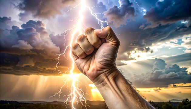 A clenched fist emerges from stormy sky with lightning