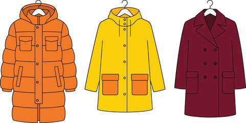 Colorful Winter Coat and Jacket Collection with Puffer, Raincoat, and Overcoat Styles for Fashion, Clothing, and Seasonal Wardrobe Designs © MdSazib