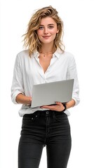 Fototapeta premium Businesswoman holding a portable computer stands against a white background to represent professional productivity, creative focus, and modern corporate work styles in a clean and minimal studio.