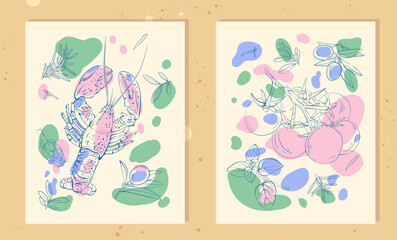 A simple, trendy, and minimalist set of vector postcards featuring olives, lobster, basil, and tomatoes. Minimalistic, hand-drawn line drawings. © MaritsaArt