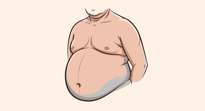 A stylized illustration shows the torso of a person with a large, rounded stomach