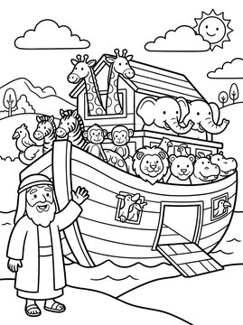 Noah's Ark and Animals Coloring Page for Kids - Cute Bible coloring page featuring Noah&rsquo;s Ark filled with smiling animals floating on the water.