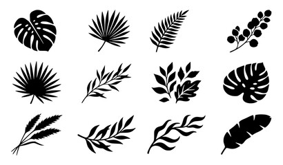 Bold black silhouette Boho leaf vector icon set with modern abstract spring foliage and organic branch shapes © Mdsahag