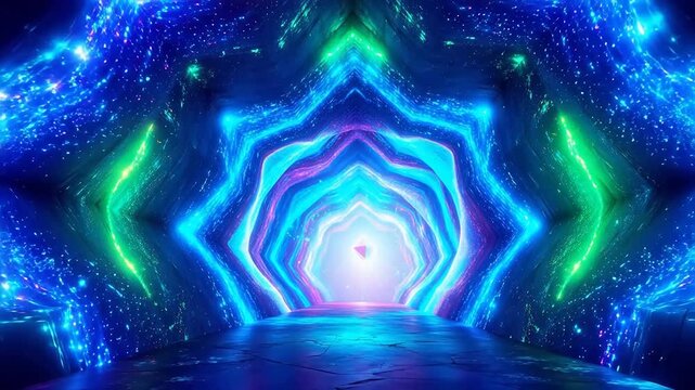 星空を背景にしたカラフルな幾何学模様のトンネルが,鮮やかな色彩と現代的なデザインを際立たせている。