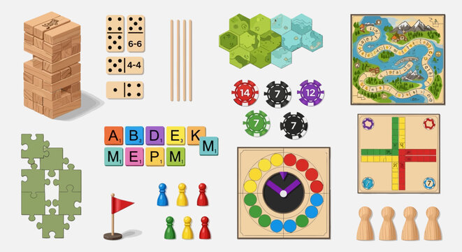 Educational game icons, puzzle pieces, wooden toys, colorful learning tools, 25 elements