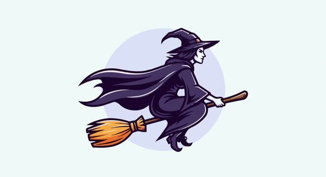 A stylized witch in a black robe and pointy hat rides a broomstick through the air