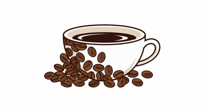 A white cup overflows with dark coffee, surrounded by scattered, roasted beans