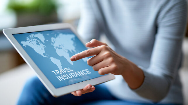 Close-up of a digital tablet displaying travel insurance coverage with a world map in background, digital insurance concept, tablet coverage photography, global protection