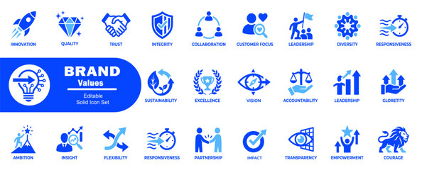 Brand values icon set featuring corporate concepts like innovation quality trust integrity collaboration leadership responsiveness and vision. © icons.point