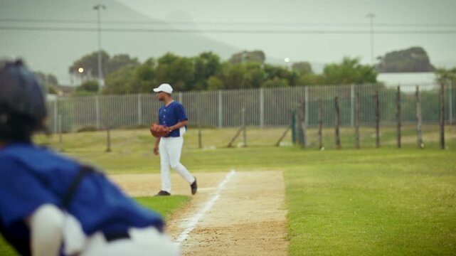 A baseball player bats, runs the bases, and slides into position. Dynamic action on the diamond.