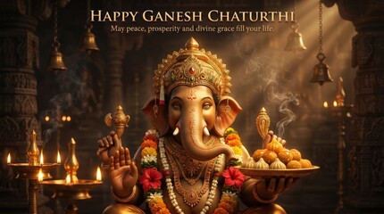 Fototapeta premium Lord Ganesha adorned with golden ornaments and flower garlands holds a plate of sweets and a decorative scepter surrounded by incense smoke and temple bells