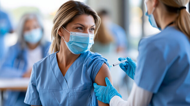 Rear view of a vaccination scene with medical workers receiving vaccines in a healthcare setting, vaccination coverage concept, medical worker vaccination photography, public