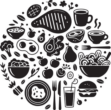 Circle of food icons including steak salad burger fruits vegetables eggs coffee and drinks representing healthy diet options.