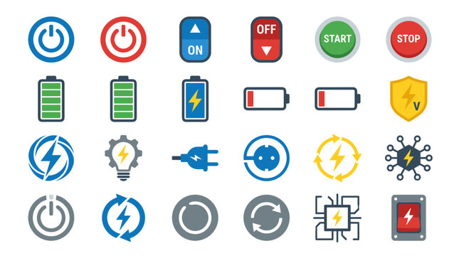 Power and Energy Control Icon Set Collection with Battery Charging, Electricity, On Off Switch, and Electric Vector Symbols