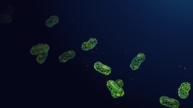 Green Gut Bacteria on a Blue Background with Copy Space &ndash; Seamless Animation Loop. Beneficial Lactobacillus probiotic cells concept for digestive health, nutrition and microbiome research.