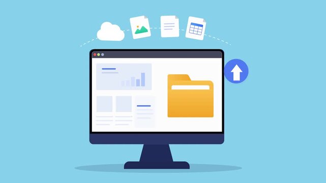Animated flat dashboard interface featuring file manager folder elements, upload action icon, desktop monitor, and modern digital organization technology scene.