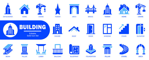 Detailed building and construction element icons including pillar balcony beam stairs elevator and structural architectural components design. © icons.point
