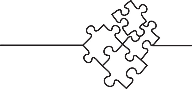 Abstract illustration of four interconnected puzzle pieces forming a dynamic pattern with a thin connecting line across white space