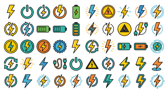 Electric Power and Energy Icon Set Collection with Battery Charging, Lightning Bolt, Voltage Warning, and Electricity Vector Symbols