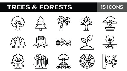 Minimalist tree and forest icons set, 15 nature line art vectors, botanical plant symbols for environmental design © @ahmedmaynul