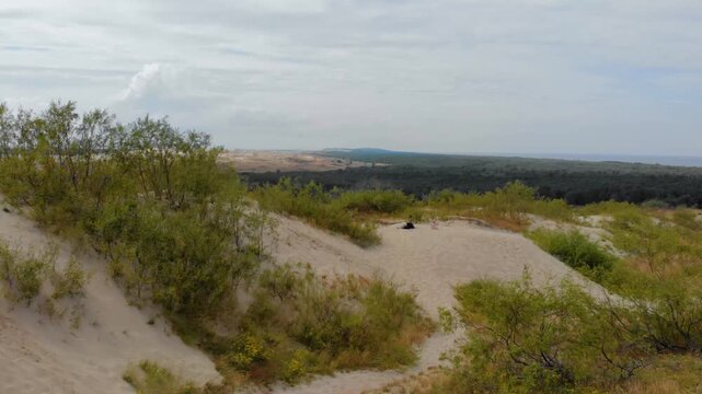 A scenic view of the large, natural sand dunes with sparse vegetation and a dense forest in the background on a cloudy day. The footage captures the unique landscape of the Curonian Spit, a UNESCO Wor