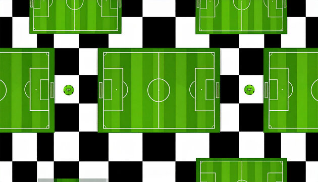 Multiple green soccer fields arranged in a pattern with small balls on a checkered black background