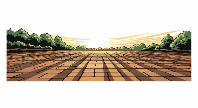 A sunlit, brick-paved pathway stretches towards a distant, tree-lined horizon under a bright sky