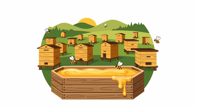 A sunny meadow dotted with beehives and buzzing bees, with a pool of golden honey