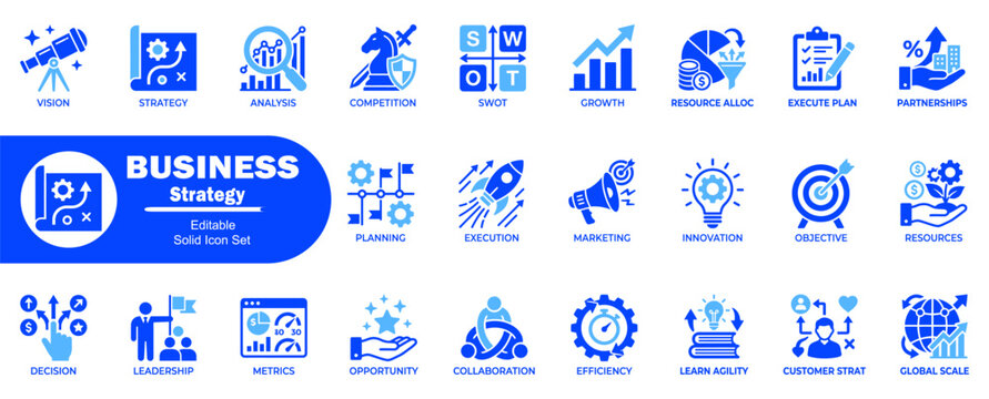 Business strategy editable solid icon set contains vision strategy analysis competition swot growth resource allocation execute plan and more.