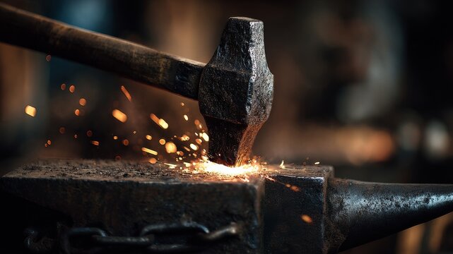 Close-up of a blacksmith hammering glowing metal on an anvil, creating sparks