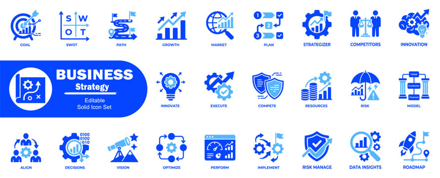 Editable solid icon set for business strategy with goal swot path growth market plan strategist competitors innovation.