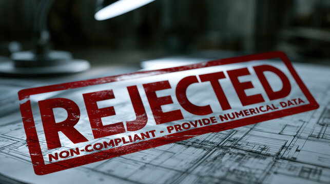 Rejected stamp non compliant numerical data business document office desk blueprint paper deadline pressure error warning risk management quality control rejection concept with bold red stamp