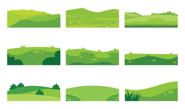 Green grass landscape dividers. Flat vector set of rolling hills and meadow borders for eco friendly background design.
