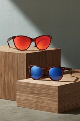 Close up pair of mirrored and gradient sunglasses on wood blocks with dramatic light for product poster and display