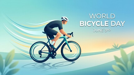 Fototapeta premium Cyclist riding mountain bike on tropical coastal road for World Bicycle Day celebration