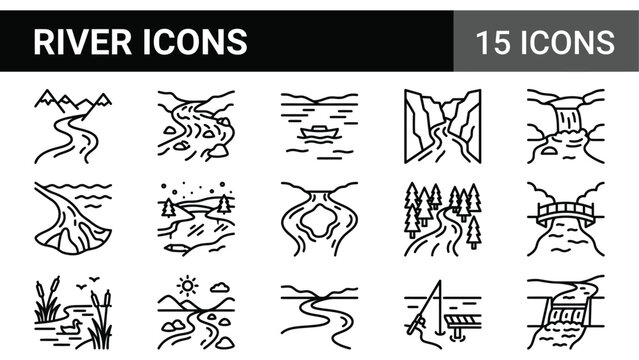River icons set of 15 vector line illustrations, water stream and nature landscape symbols, outdoor environment signs
