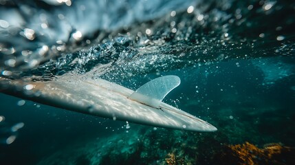 Fototapeta premium Underwater view of a surfboard moving through clear ocean water with bubbles.