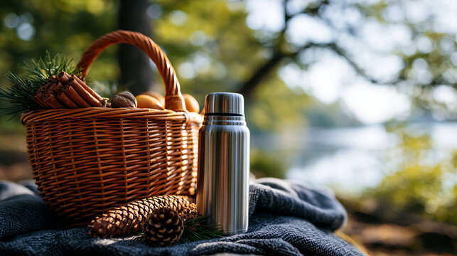 A close up of a softly defocused empty picnic basket and a soft thermos rests in a bright forest near a calm lake in soft morning light forest picnic faceless still softly