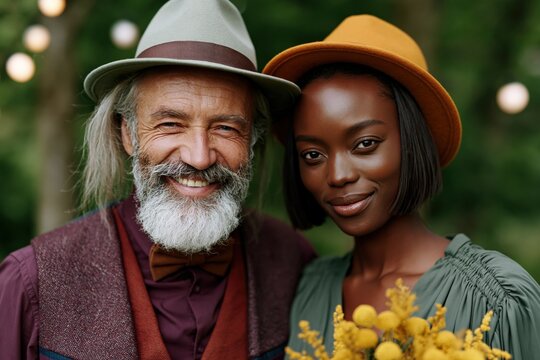 Outdoor boho portrait of a smiling diverse couple with vintage hats and yellow bouquet for rustic wedding banner and romantic engagement background