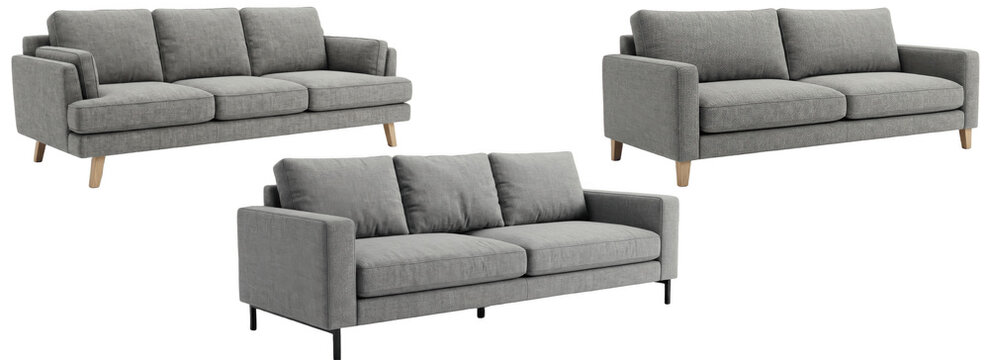 Sleek grey three-seater sofas in modern minimalist style, featuring clean lines, plush cushions and optional wood or metal legs for contemporary living room comfort

