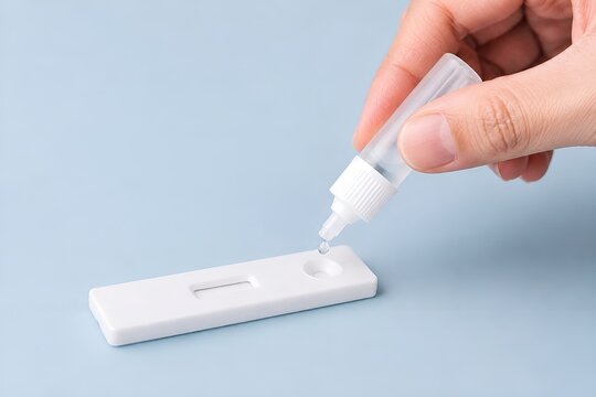 Close up of hand dropping liquid reagent onto rapid antigen test cassette kit isolated on blue background