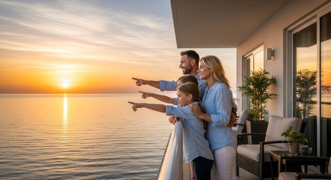 Une famille admire le coucher de soleil sur l'oc&eacute;an depuis un balcon, profitant d'une vue imprenable.