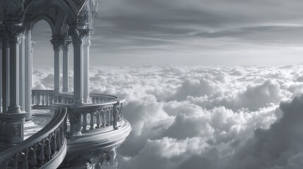 Obraz premium Ethereal balcony overlooking a vast sea of clouds in a fantasy sky.